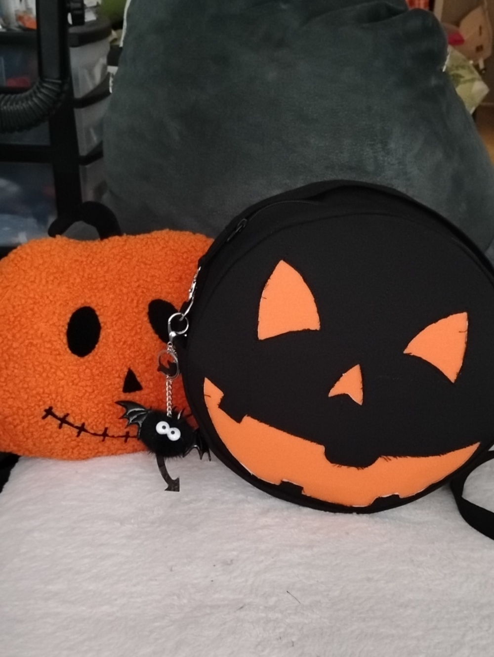 Pumpkin Jack-O'-Lantern Round Crossbody Bag With Furry Bat And Cushion Set.